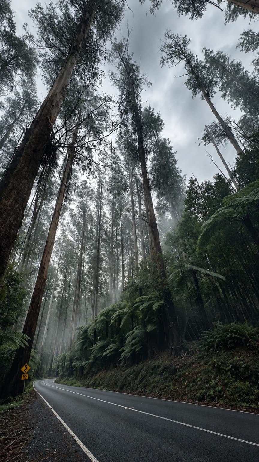 Tall mountain ash on the Black Spur, mist in the canopy