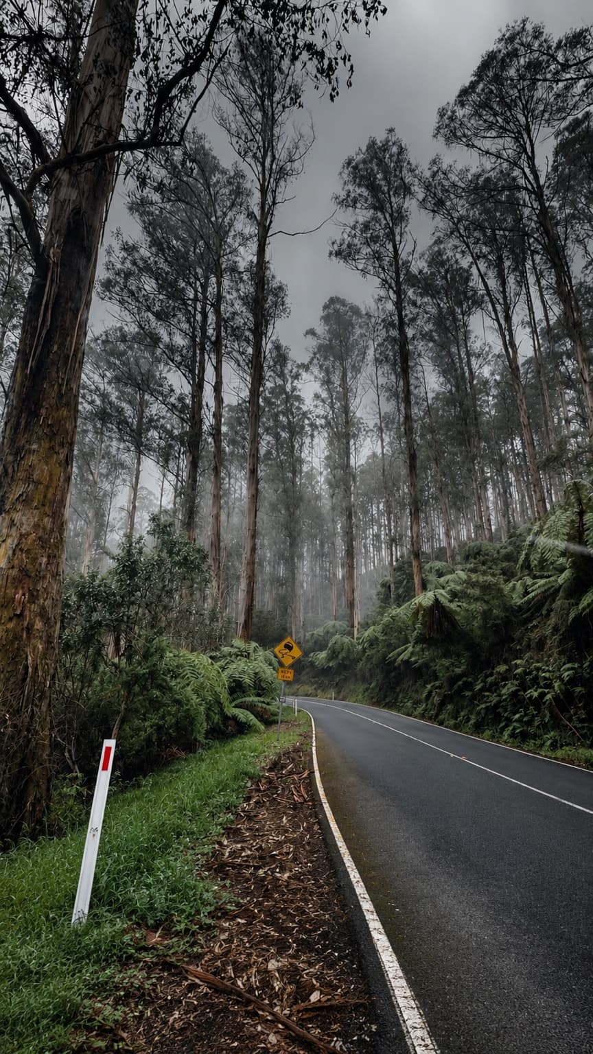 Wet bitumen winding through the Black Spur