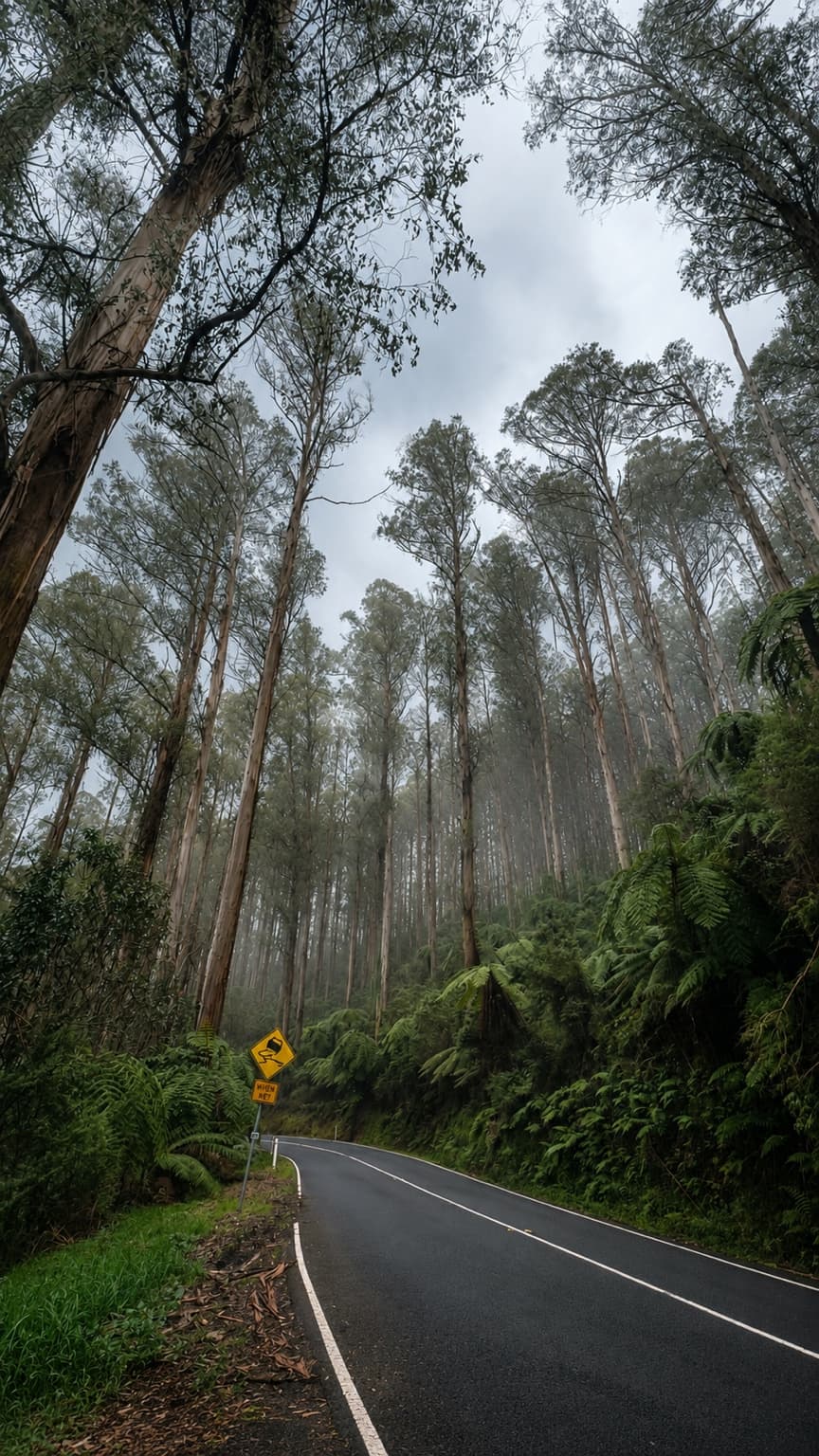 Mountain ash canopy framing a tight curve sign