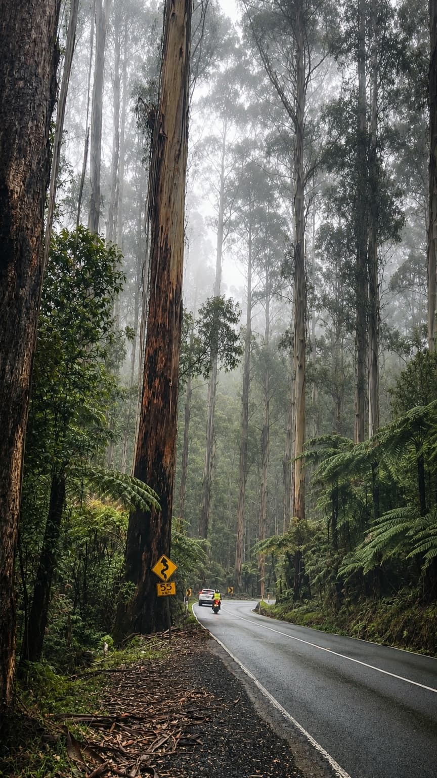 A motorbike disappearing into the mist on the Black Spur