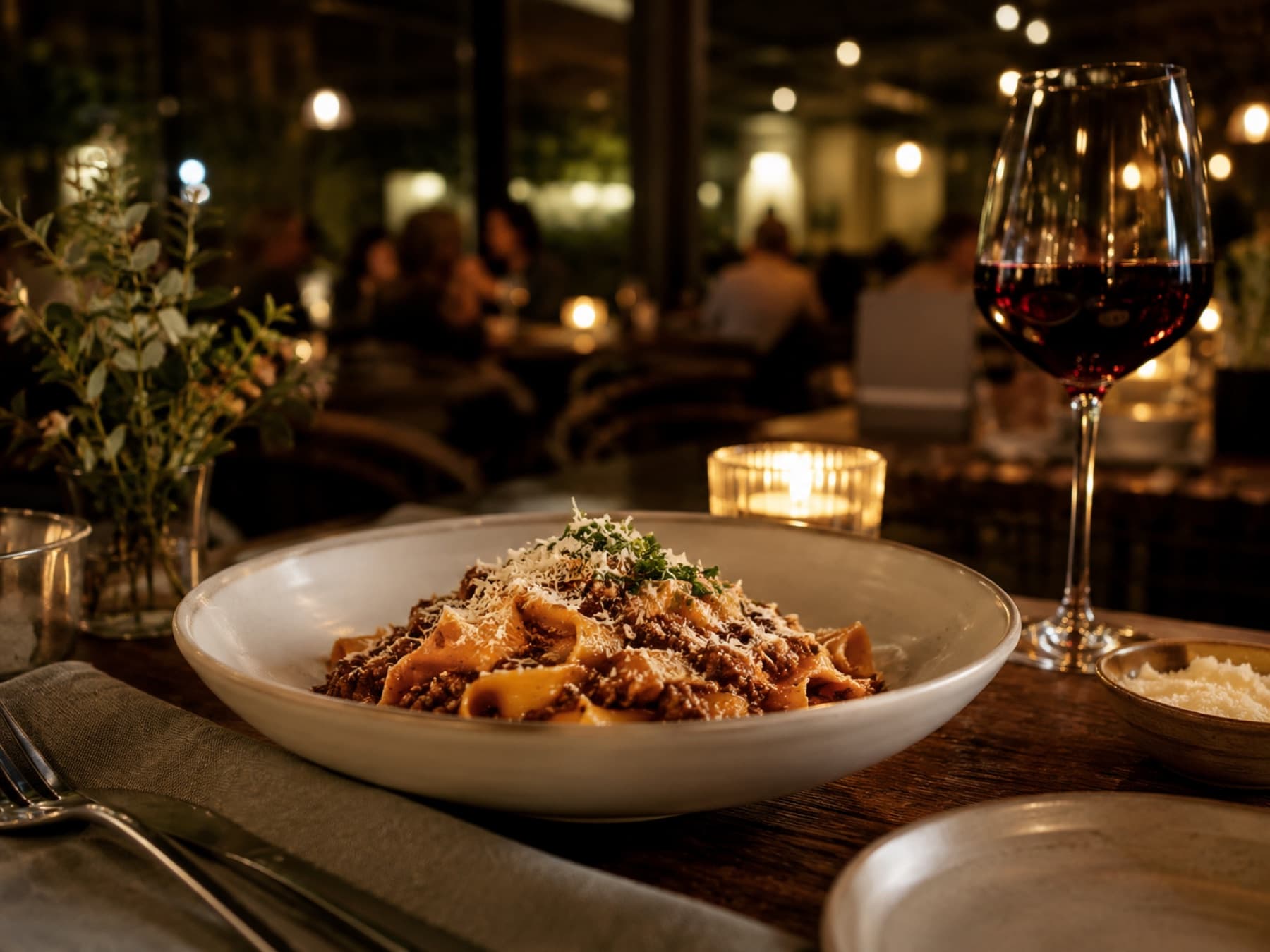 Candlelit pasta in a cosy bistro