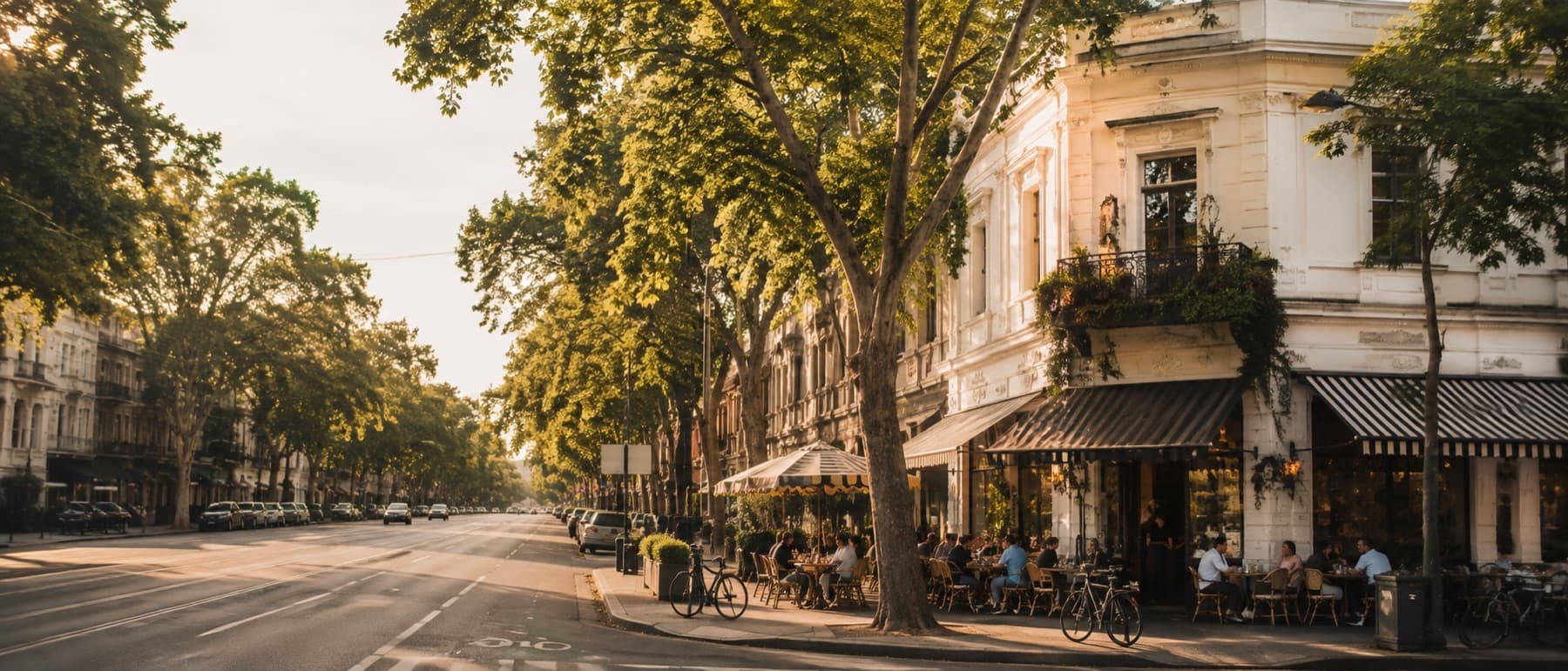 A corner café under plane trees in morning light
