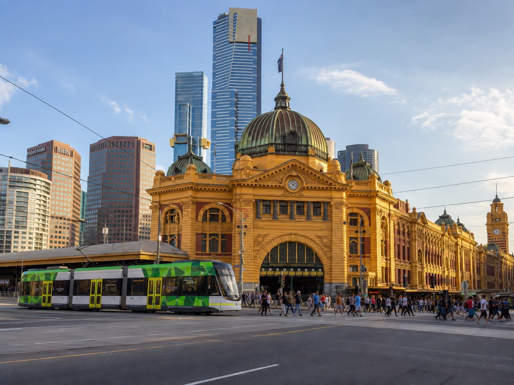 A tram passing Flinders Street Station