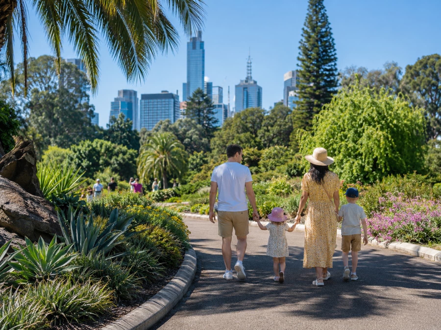 A family strolling through the Royal Botanic Gardens
