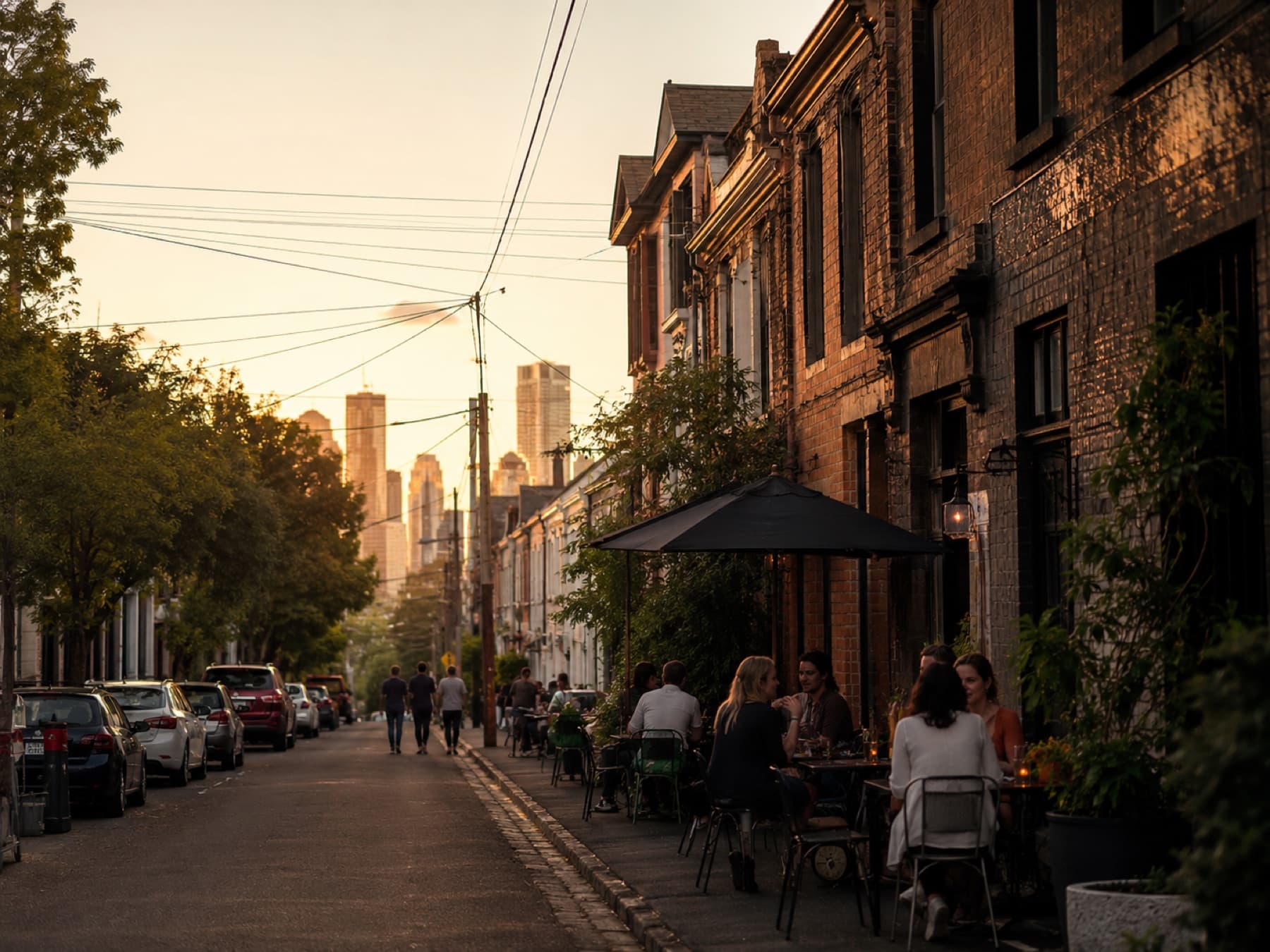 An inner north street at golden hour with pavement tables