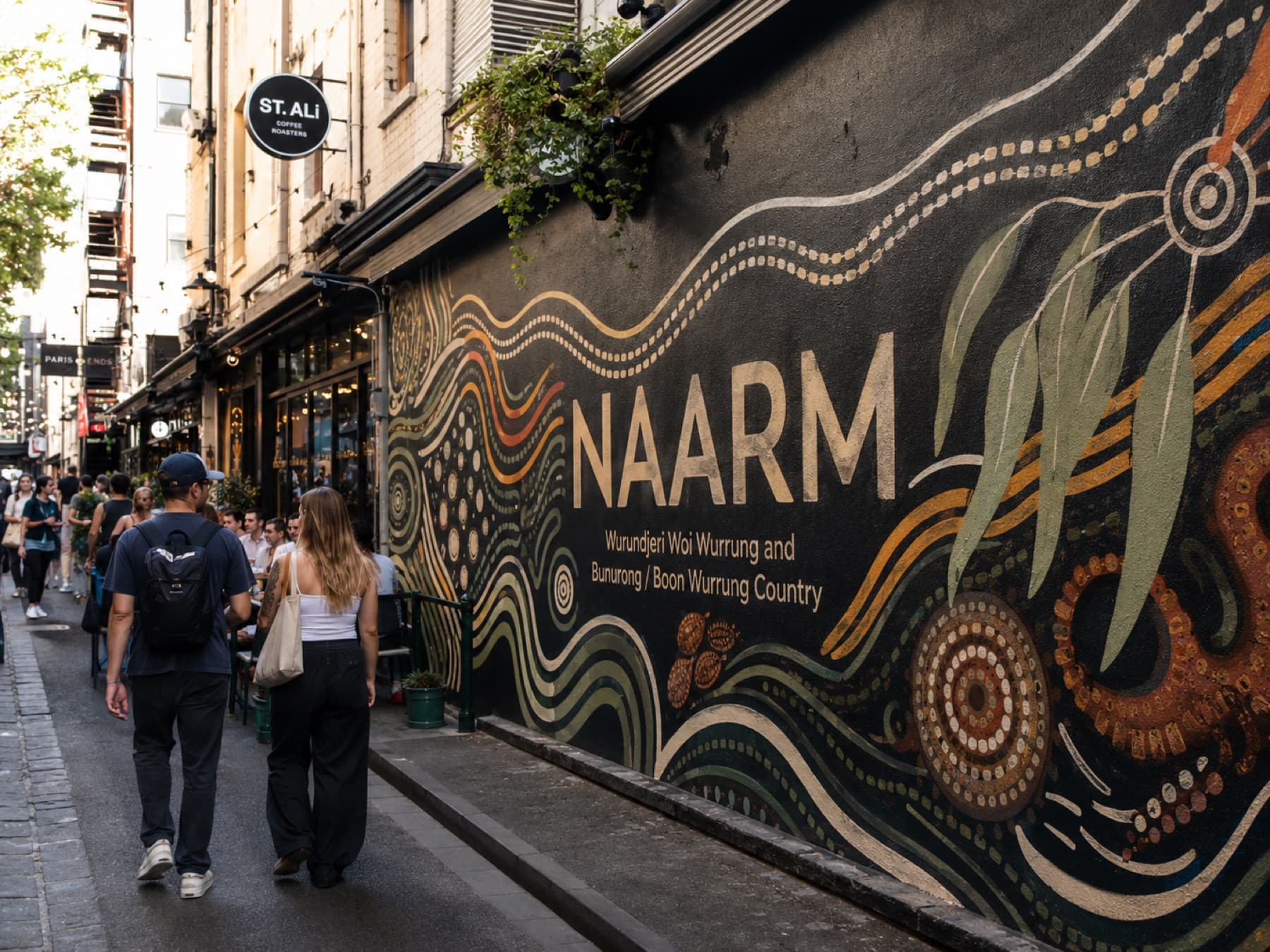A laneway mural beside café tables