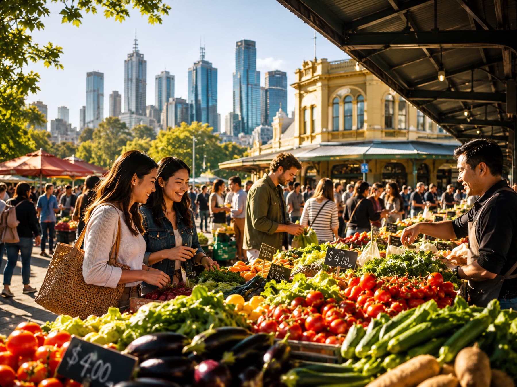 Shoppers at a produce market with the city behind