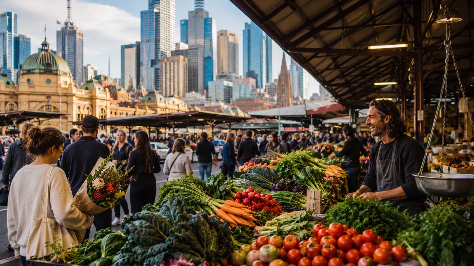 A market morning with vendors and produce