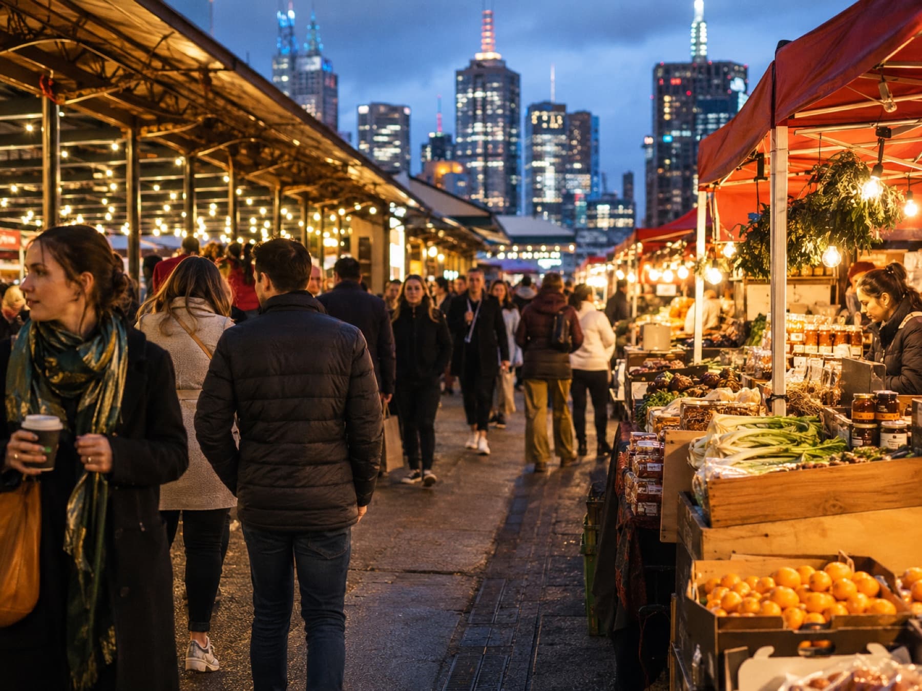 A night market with the city skyline behind