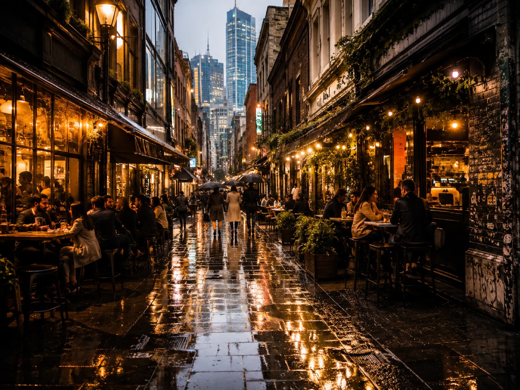 Rain on a café window with the street beyond
