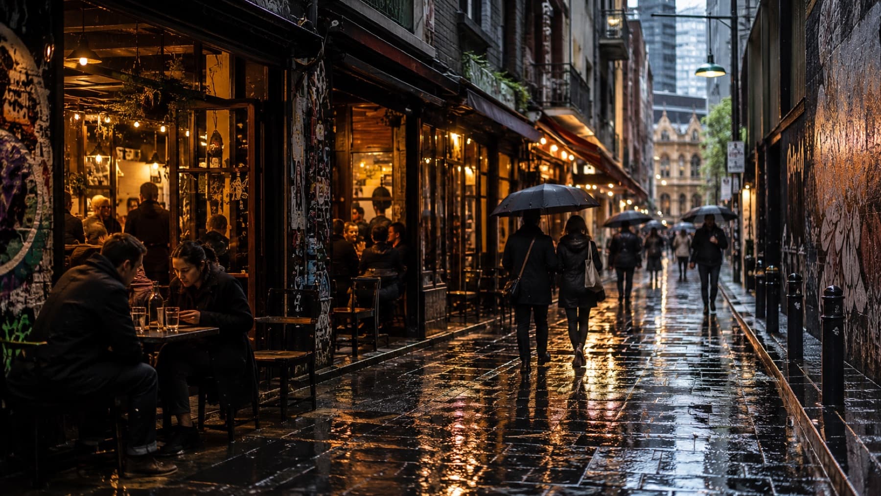 A narrow Melbourne laneway lit by café windows at night