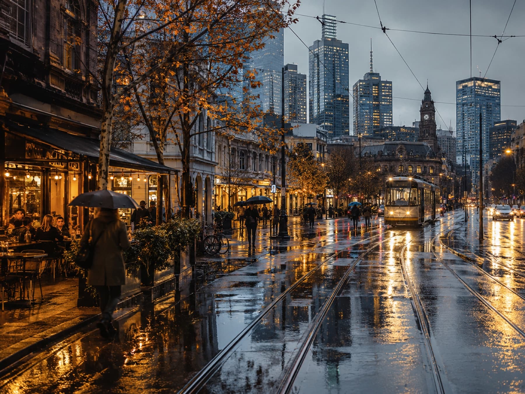 A tram on a rain-slicked Melbourne street