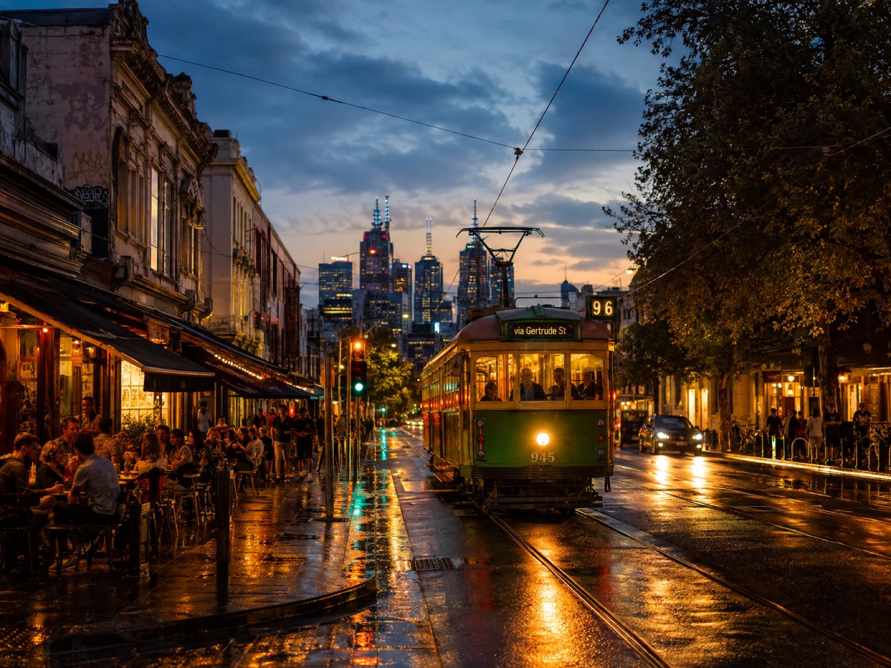 A tram on a wet street at dusk with café lights
