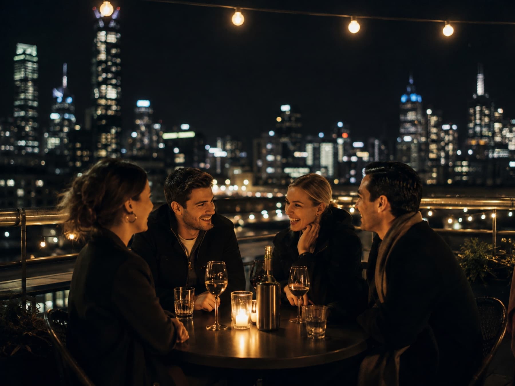 Friends at a rooftop table with the city lights behind