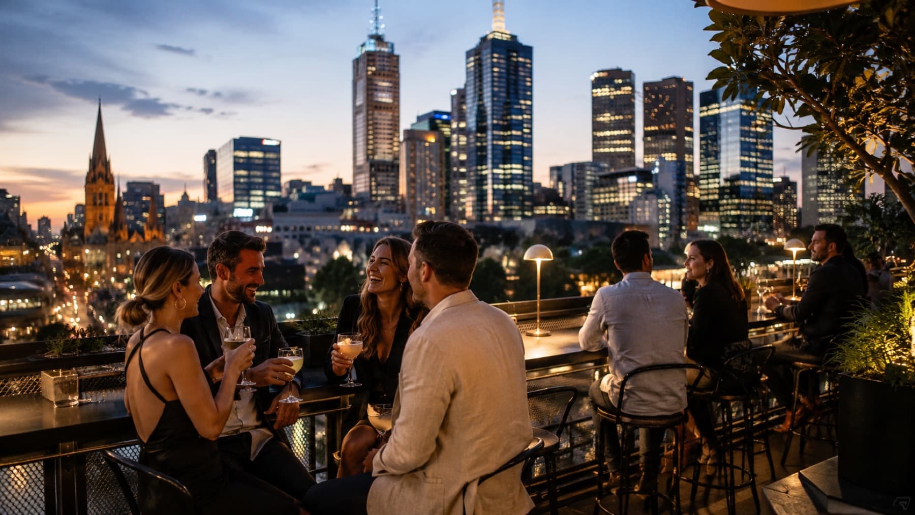 Friends on a rooftop at twilight with the skyline behind