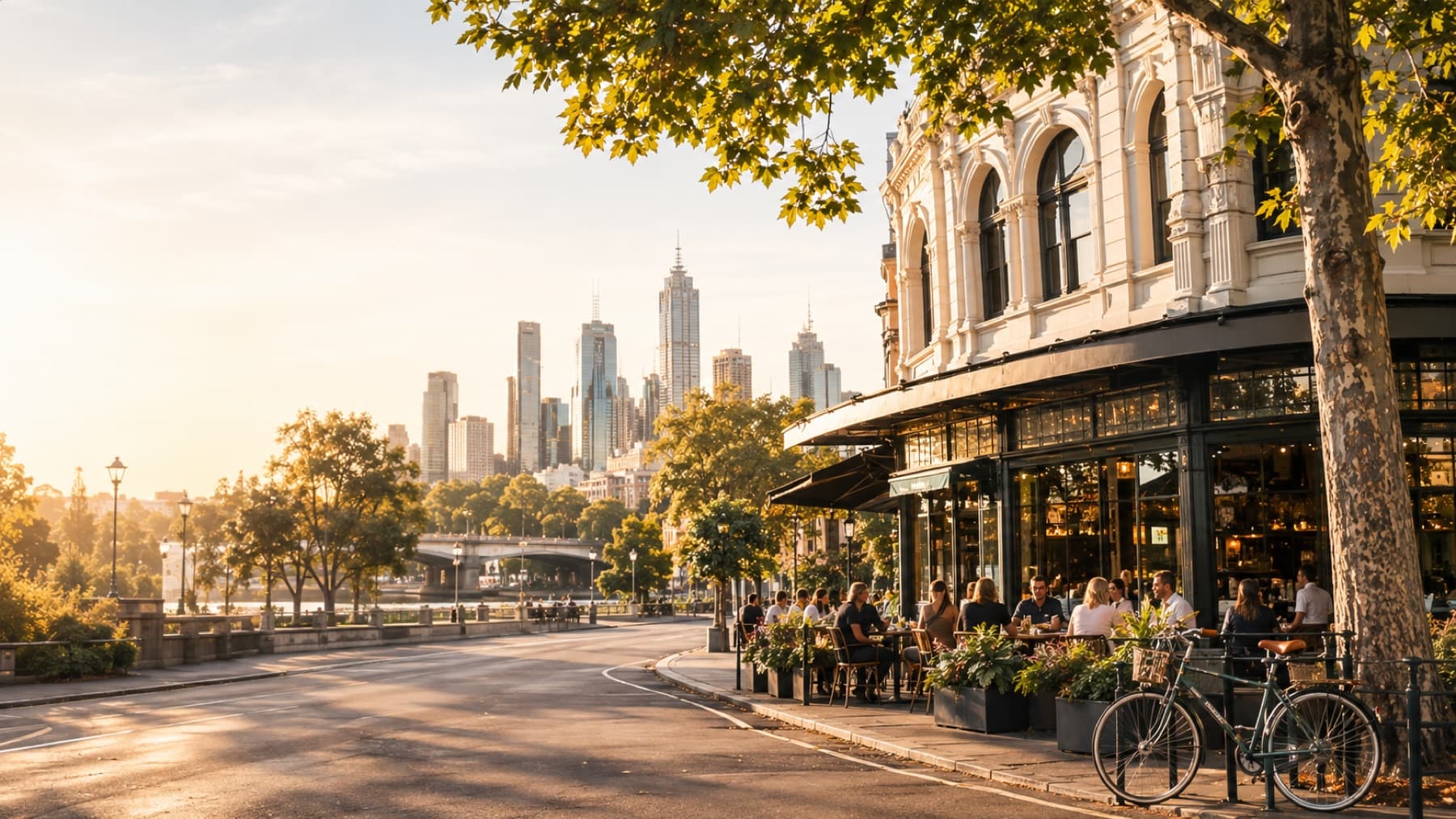 A café corner in early light with the city skyline beyond