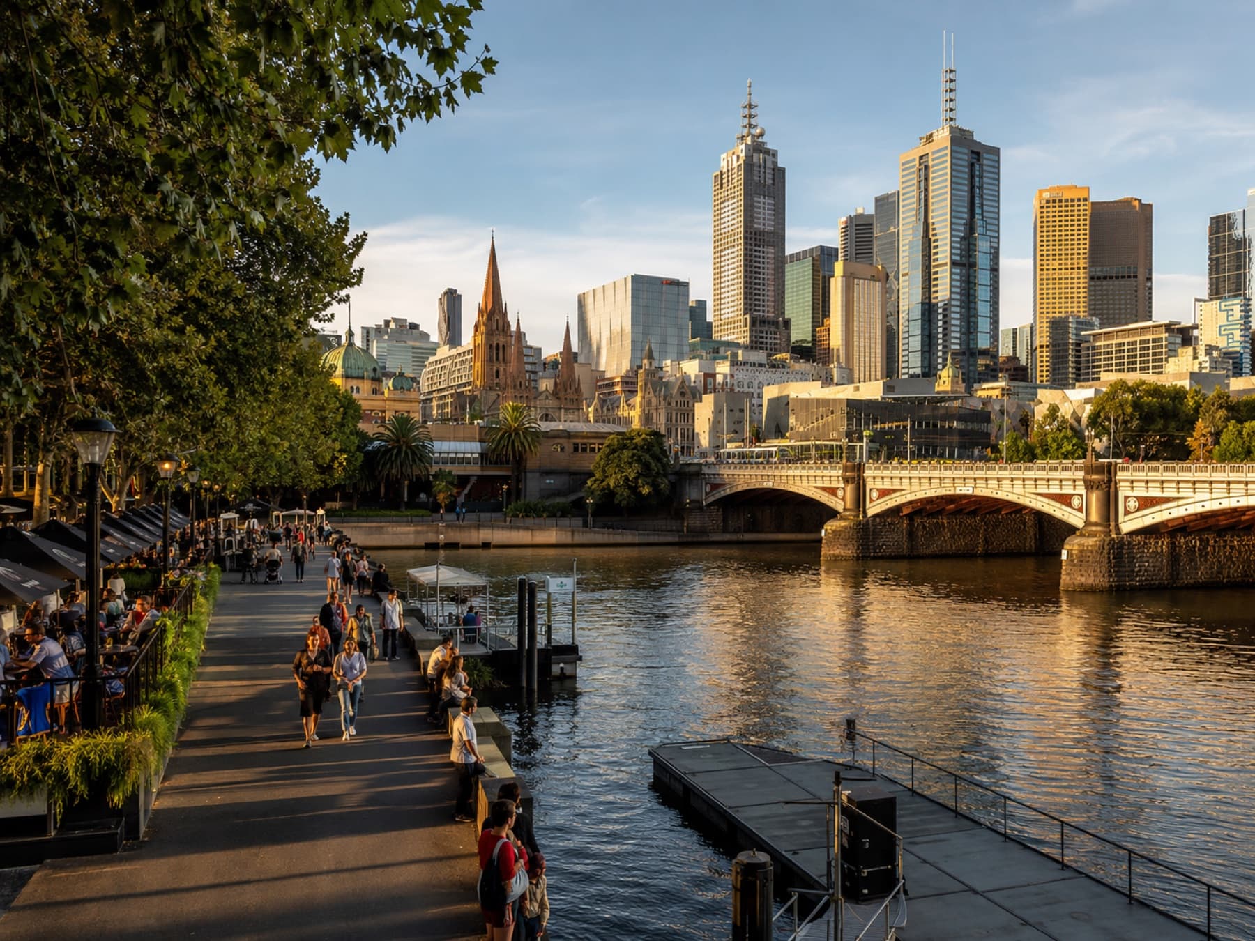 Friends at a riverside table by the Yarra at dusk