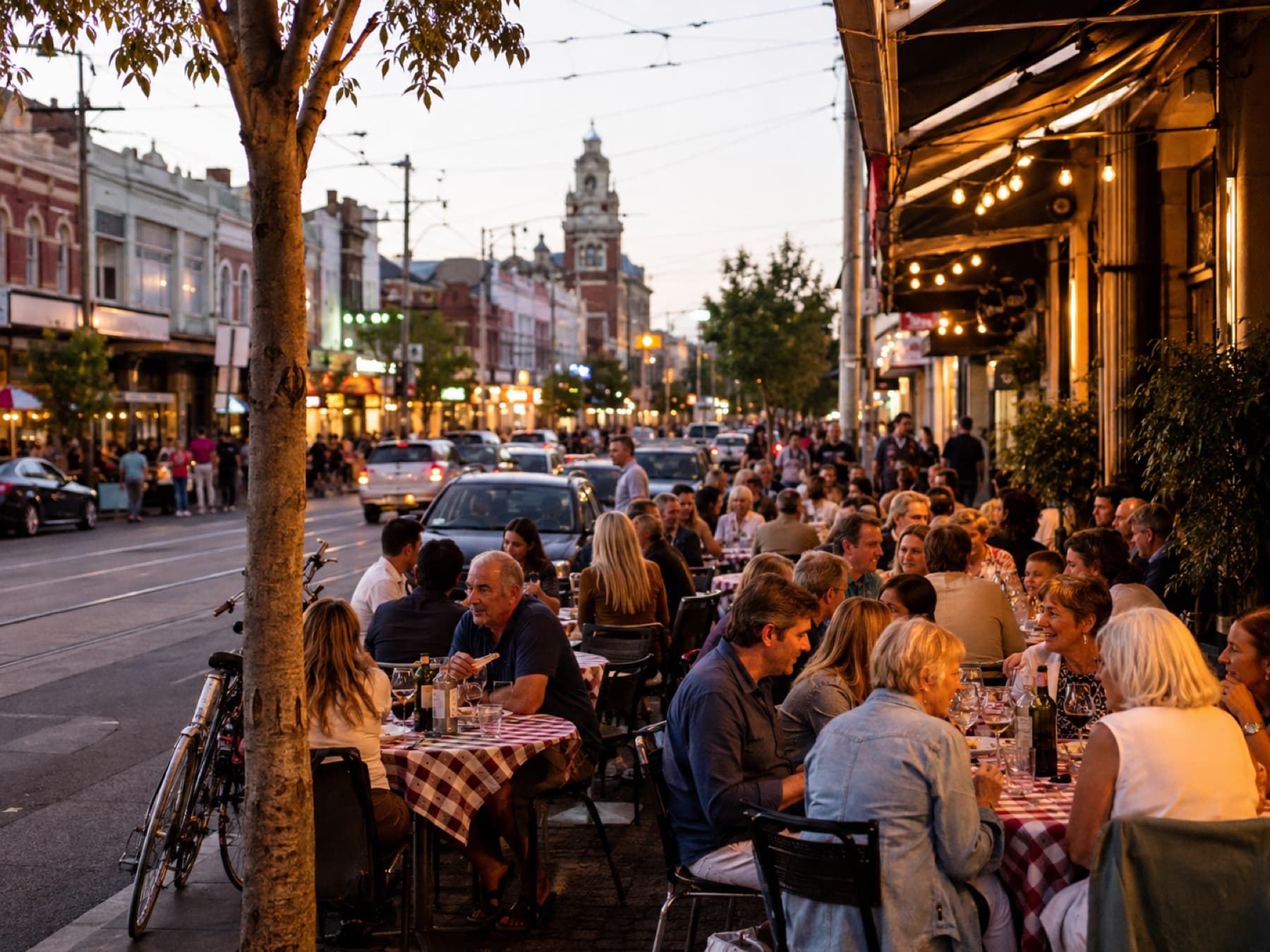 Terrace dining on a lively street at twilight