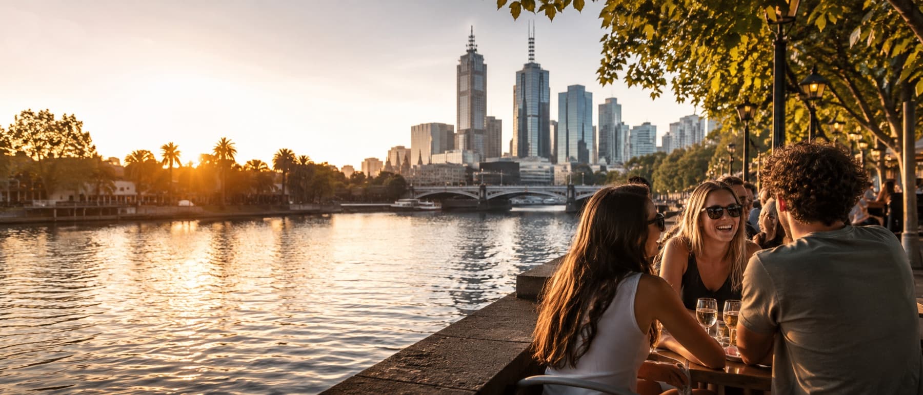 Friends by the Yarra at sunset with the city behind