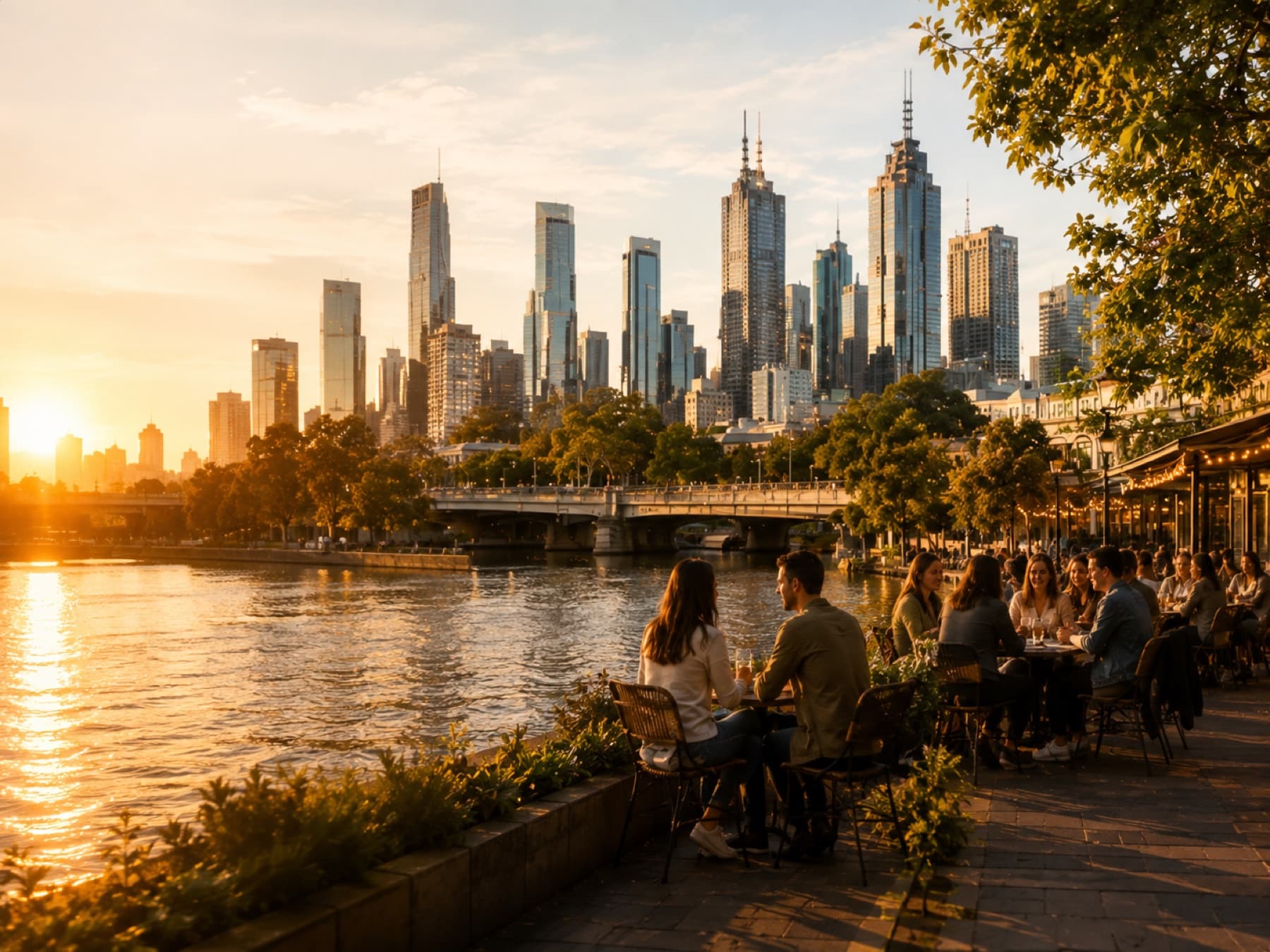 Riverside tables at sunset by the Yarra